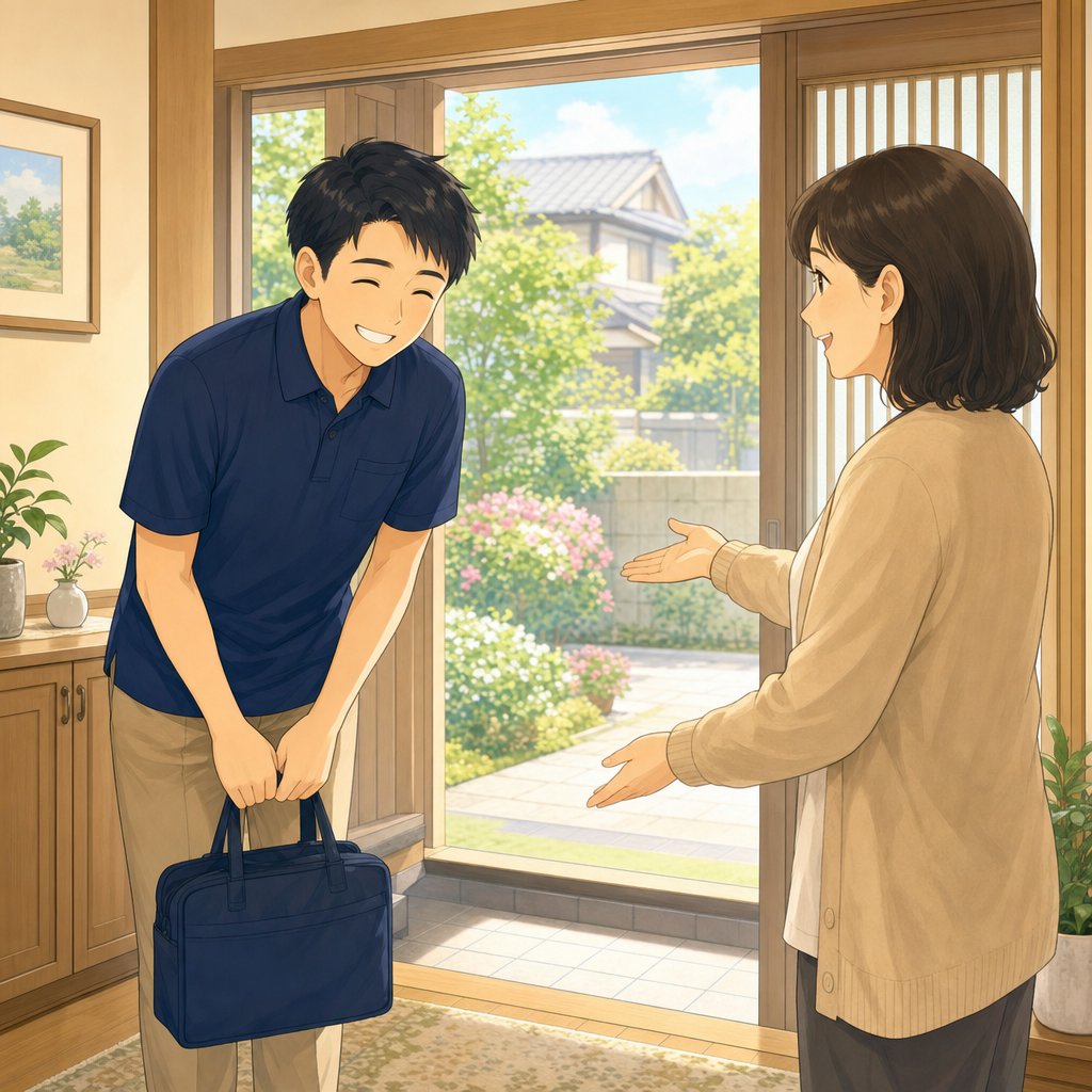 ご自宅を訪問してご家族とご本人にあいさつする施術者のイラスト