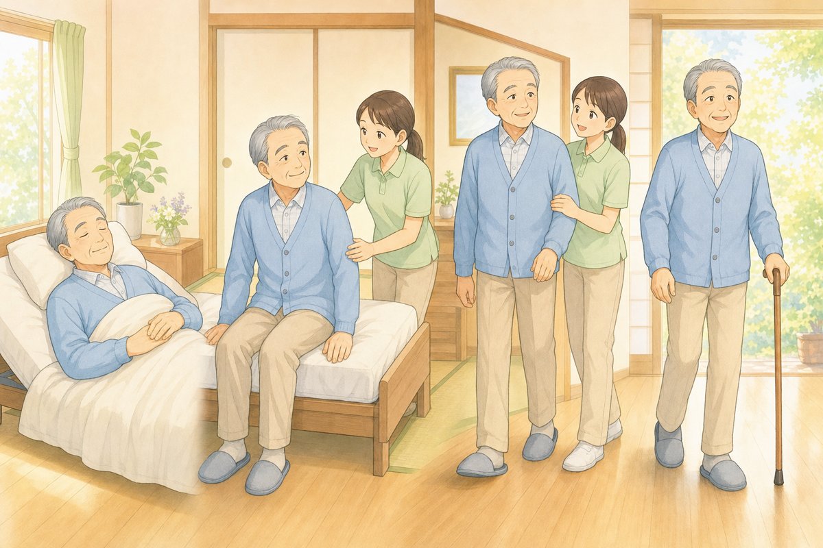 寝た状態から座る・立つ・歩くへと段階的に回復していく4ステップのイラスト