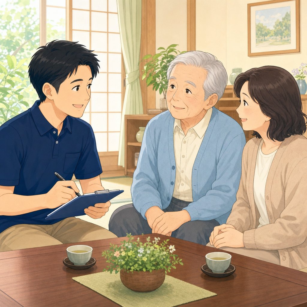 自宅で相談・ヒアリングを受けるイラスト