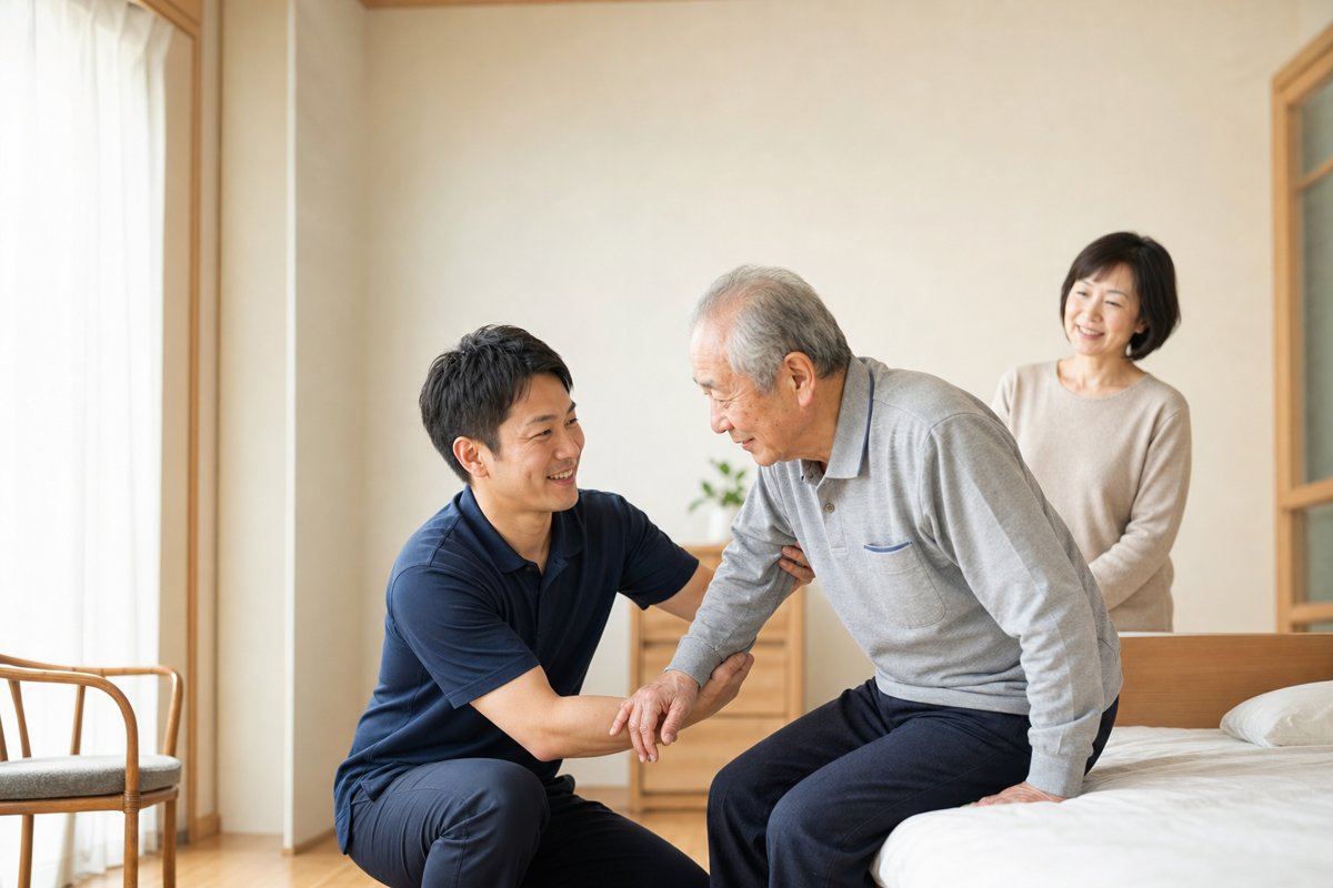ご自宅で訪問リハビリマッサージを受ける高齢のご利用者と施術者