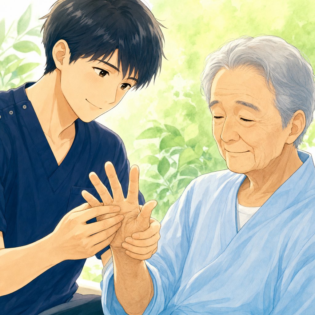 こわばって握ったままの手指がゆっくり開いていくイラスト
