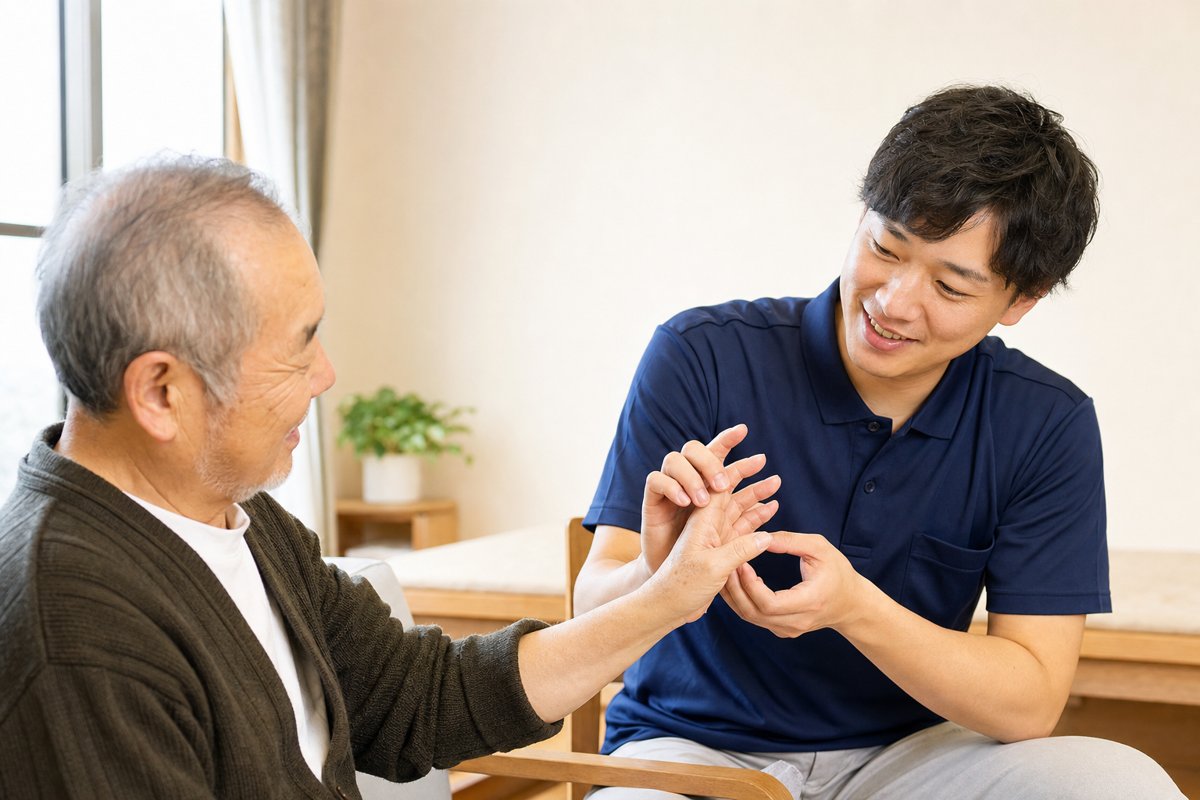 パーキンソン病×介護の訪問リハビリマッサージを受けるご利用者と施術者