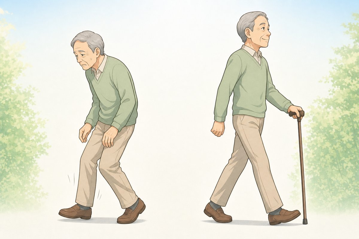 膝で歩く悪い歩き方と、股関節と体幹を使う良い歩き方の比較イラスト