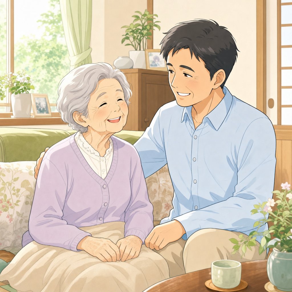 在宅で前向きに過ごすご家族のイラスト