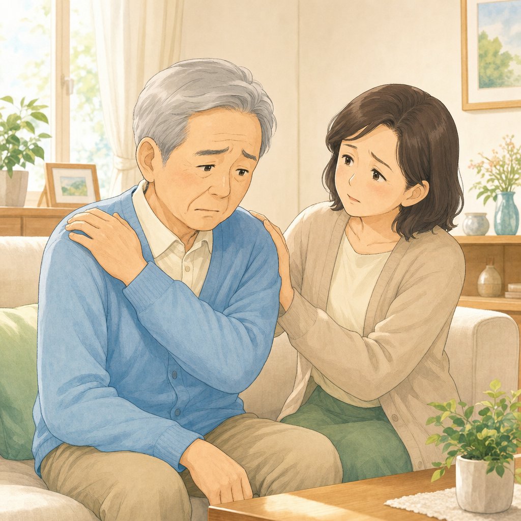 ご家族の介護に悩む様子のやさしいイラスト